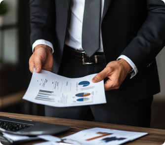 A professional in a dark suit and grey tie stands at a wooden desk, holding out a printed report featuring various bar and pie charts.