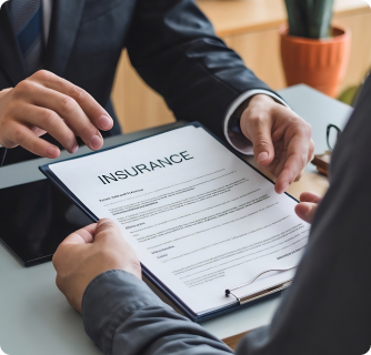 Two people sitting at a desk reviewing a document with the word "INSURANCE" printed clearly at the top. One person points to the text while the other holds the clipboard, indicating a policy discussion.
