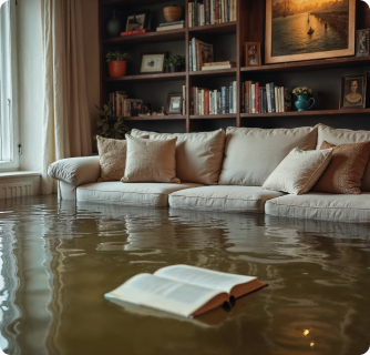 A living room heavily flooded with murky water reaching the base of a sofa and bookshelves. An open book floats in the foreground, highlighting the devastating impact of water damage.