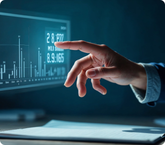 A close-up of a hand pointing a finger toward a futuristic digital interface. The screen displays glowing blue data charts, bar graphs, and numerical values against a dark background.
