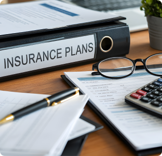 A desk featuring a black binder labeled "INSURANCE PLANS" alongside a calculator, glasses, and a pen. The organized workspace suggests the careful review and management of various insurance policies.