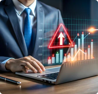 A businessman in a grey suit and blue tie works on a laptop at a wooden desk. A digital overlay displays a bar graph with a prominent red glowing warning triangle containing an upward arrow, suggesting risk management or high-growth alerts.