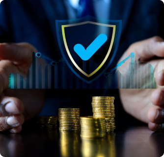 A close-up of a person's hand placing a glowing digital shield icon with a checkmark over several stacks of coins. In the background, upward-pointing arrows symbolize growth and financial security against a warm, sunlit backdrop.