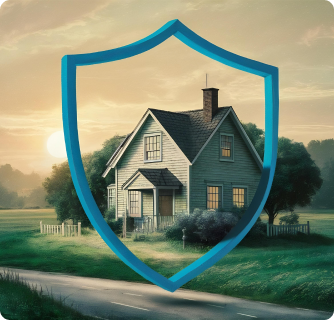 Single-family home in a rural setting shown behind a blue shield icon, symbolizing home protection or insurance coverage.