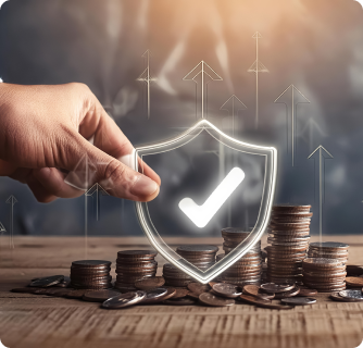A person’s hands are held open around a central display of stacked gold coins. Above the coins floats a blue glowing shield with a checkmark, positioned in front of a digital bar chart, representing protected financial assets.