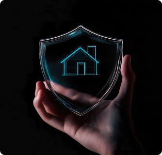 A hand holding a glowing, digital blue house icon protected within a transparent glass shield.
