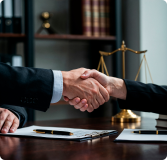 A close-up of two people shaking hands over a desk with a judge's gavel in the foreground.