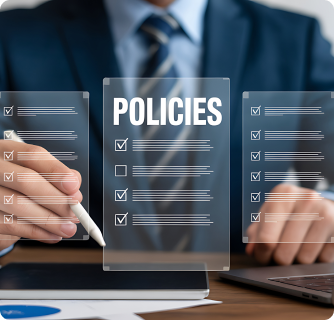 A businessman pointing a stylus at a digital interface displaying corporate policies and checklists