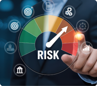 A businessman’s hand interacting with a colorful digital risk dial featuring various business icons. A central arrow points toward the orange and red zones, indicating a high or increasing level of risk.
