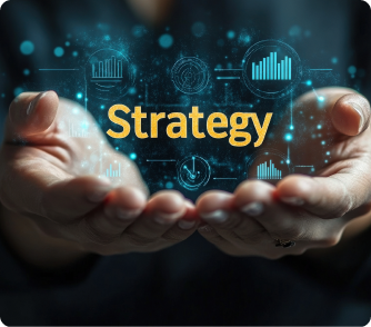 Two hands cupped together holding a glowing, digital word "Strategy" surrounded by floating blue data icons and charts.