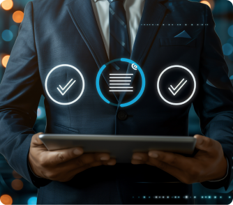 A person in a formal suit holds a tablet displaying three glowing blue circles; the outer circles contain checkmarks and the center contains a document icon.