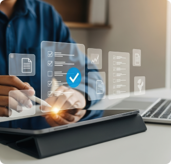 Close-up of a person using a stylus on a digital tablet featuring a checklist and data visualization interface.