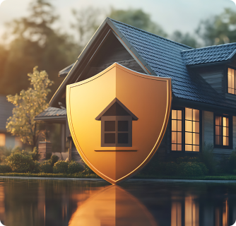 A glowing orange house icon inside a transparent protective shield set against a blurred living room background.