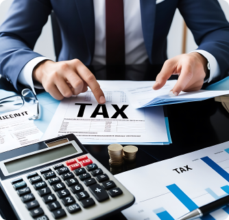 A person in a suit holds an open hand beneath a glowing blue "TAX" icon surrounded by smaller symbols for law, real estate, finance, and government.