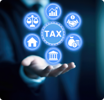 A person in a suit holds an open hand beneath a glowing blue "TAX" icon surrounded by smaller symbols representing law, real estate, finance, and government.