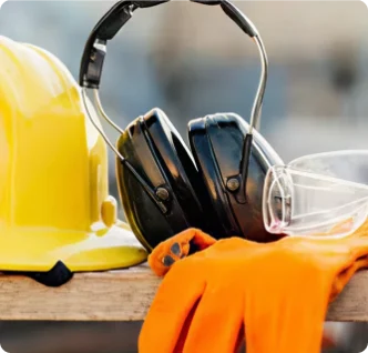 Construction safety gear arranged on a wooden surface, including a yellow hard hat, black earmuff-style hearing protection, clear safety goggles, and orange protective gloves.