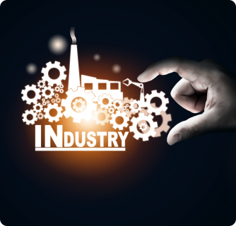 A glowing white "INDUSTRY" graphic featuring a factory and gears being touched by a hand against a dark background.