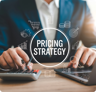 A professional in a suit uses a calculator and laptop with a "PRICING STRATEGY" graphic overlaid with various business icons.