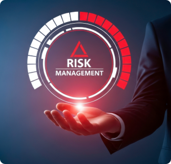 A digital graphic showing a hand holding a glowing "Risk Management" interface. The display features a semi-circular progress bar transitioning from white to a bright red alert status.