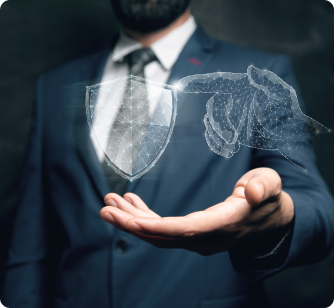 A man in a blue suit holds his palm out, displaying a glowing, low-poly holographic shield and a digital pointing hand.