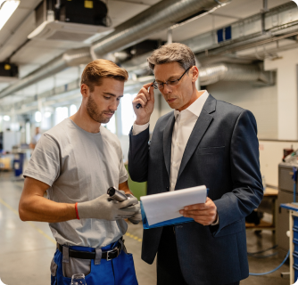 A manager in a suit reviews a clipboard while talking to a technician in a grey shirt and blue work pants. The two men are standing in a modern industrial workshop or laboratory setting filled with machinery.