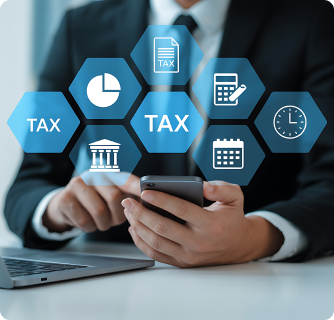 A person in a suit uses a smartphone with several blue hexagonal icons floating above the device. The icons display the word "TAX" alongside symbols for banking, calendars, charts, and calculators.