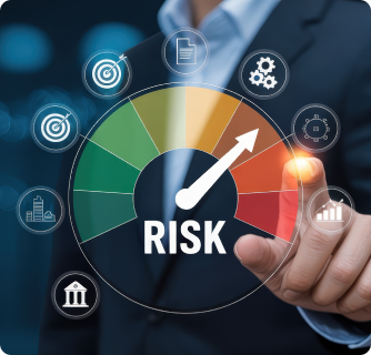 A businessman’s hand interacting with a colorful digital risk dial featuring various business icons. A central arrow points toward the orange and red zones, indicating a high or increasing level of risk.