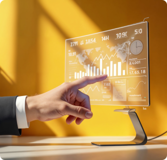 A hand touches a sleek, transparent digital display showing global financial charts and data points against a yellow background.