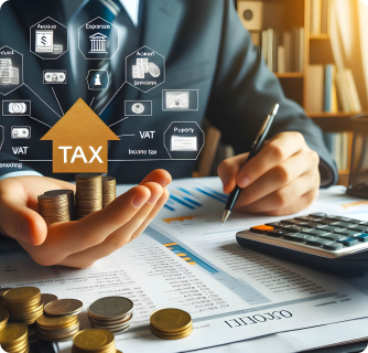 A professional at a desk surrounded by tax-related graphics, coins, and financial spreadsheets.