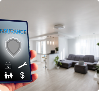 A hand holds a smartphone displaying an insurance app interface with icons for security, family, and finance. The background shows a blurred, modern living room, representing home protection technology.