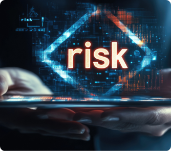 A digital overlay of the word "risk" glowing in orange inside a diamond shape held between two hands.