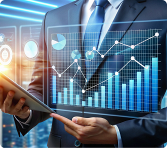 A close-up of a professional holding a tablet that projects a holographic interface featuring complex blue line graphs and bar charts against a cityscape at night.