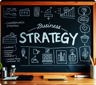 A chalkboard on a wooden desk filled with hand-drawn diagrams, icons, and the large central words "Business STRATEGY," surrounded by lightbulbs and flowcharts.