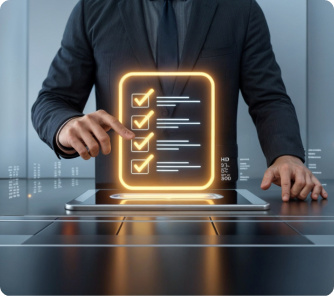 A man in a dark suit interacts with a large, glowing orange digital checklist on a glass surface, showing four completed checkmarks.