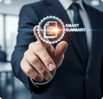 A businessman in a suit pointing at a glowing digital badge icon that reads "SMART SUMMARY," symbolizing automated data synthesis or AI document review.