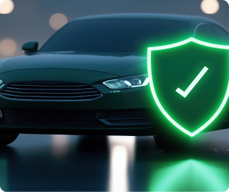 A dark green car at night with a large, glowing green neon shield icon overlaid on the front. The shield contains a white checkmark, symbolizing vehicle security or insurance protection.