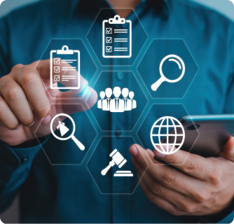 A man holding a smartphone while interacting with a holographic overlay of hexagonal icons representing teams, search, global connectivity, and legal justice.