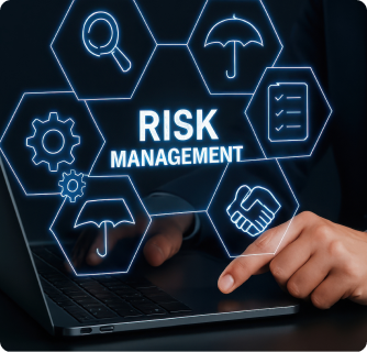 A digital interface showing "RISK MANAGEMENT" surrounded by icons for gears, umbrellas, and handshakes.