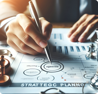 A close-up of a hand using a silver pen to write on a "STRATEGIC PLANNING" document featuring a complex flow chart, with chess pieces visible on the desk.