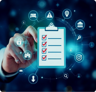 A digital interface showing a checklist with four red checkmarks on a clipboard, surrounded by floating blue icons representing security, search, and target goals.