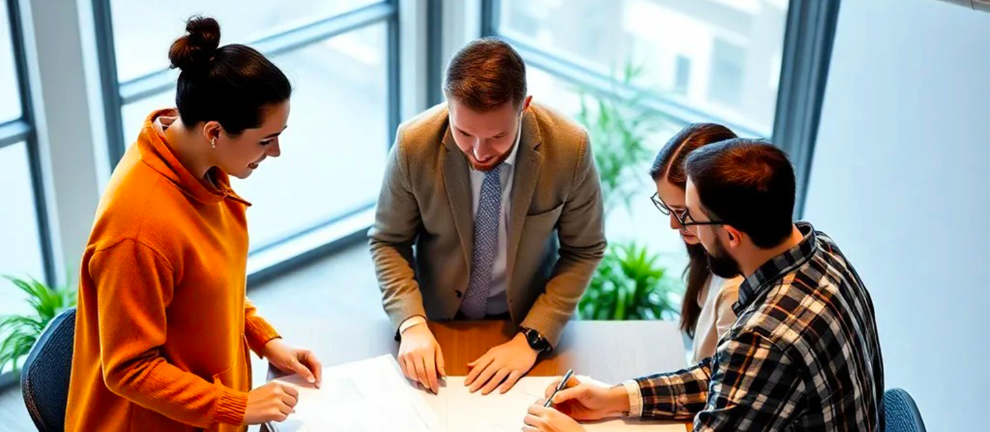 An overhead view of four colleagues—two men and two women—standing and sitting around a wooden table, reviewing and signing documents in a bright, modern office.