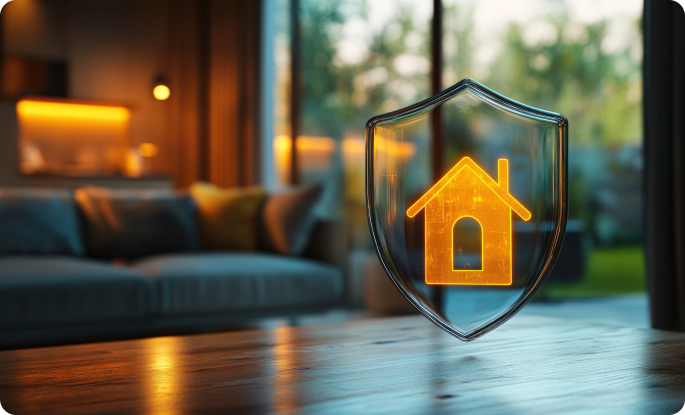 A glowing orange house icon inside a transparent protective shield set against a blurred living room background.