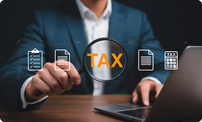 A person in a suit holds an open hand beneath a glowing blue "TAX" icon surrounded by smaller symbols for law, real estate, finance, and government.