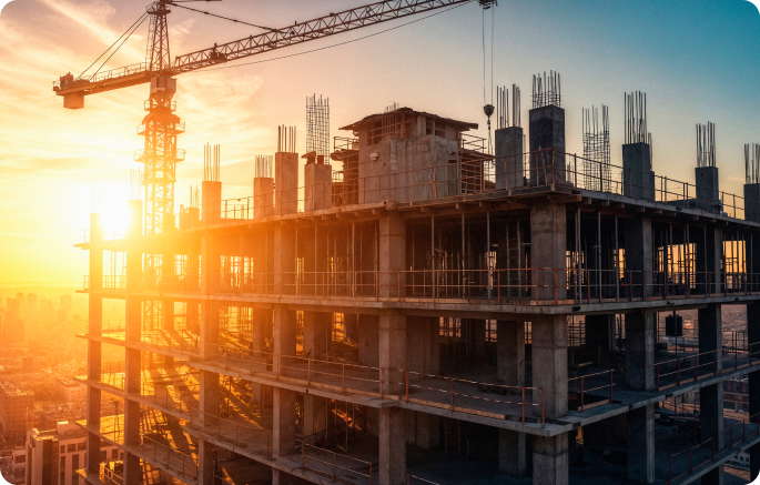 A high-rise building under construction silhouetted against a vibrant orange sunset with a large construction crane.