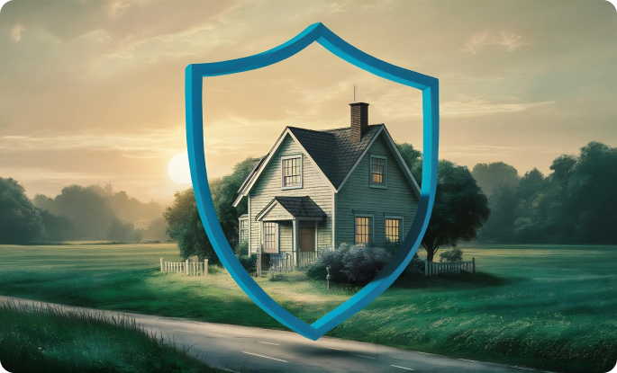 Single-family home in a rural setting shown behind a blue shield icon, symbolizing home protection or insurance coverage.
