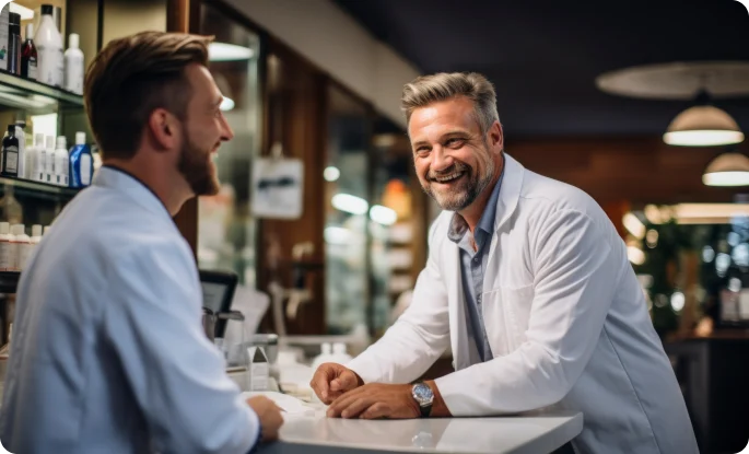 Two men wearing white professional coats, likely pharmacists or healthcare providers, share a friendly laugh over a counter. The setting appears to be a well-lit pharmacy or laboratory with shelves of products visible in the background.