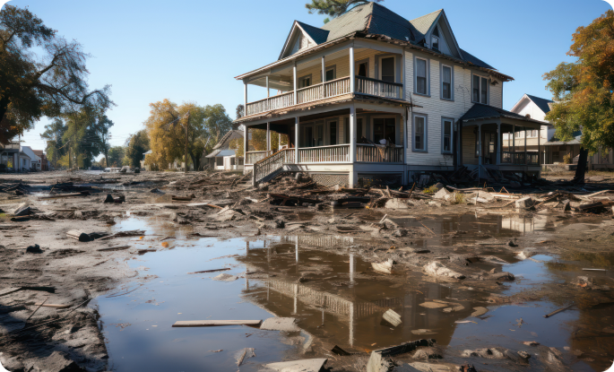 A large, two-story house stands severely damaged in a muddy, debris-strewn landscape after a flood. The surrounding environment is filled with puddles and wreckage, reflecting a significant natural disaster.