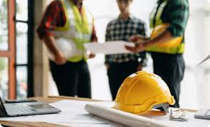 A yellow hard hat and blueprints sit on a desk in the foreground while construction professionals consult in the blurred background.