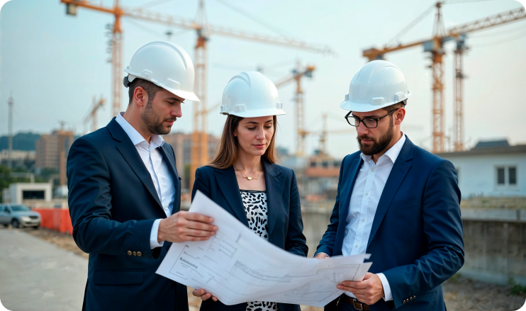 Three professionals in business attire and white hard hats reviewing architectural blueprints at a construction site. Large yellow cranes and a building structure are visible in the background.