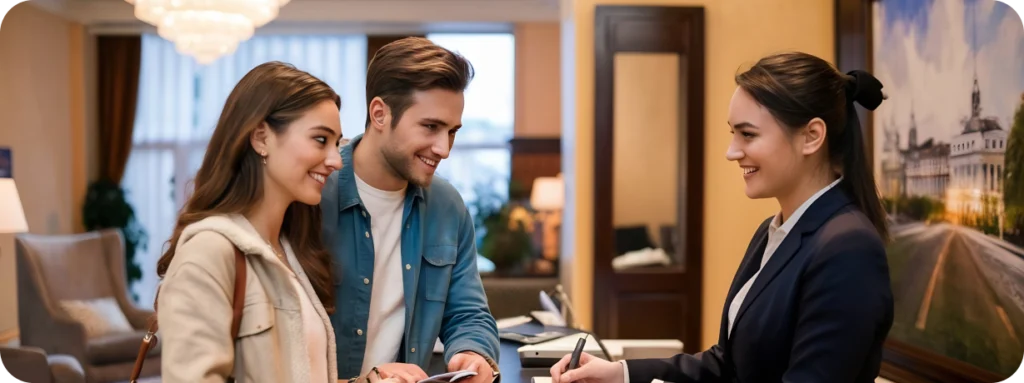 A smiling couple stands at a high-end hotel reception desk, interacting with a friendly female receptionist in a dark navy blazer who is holding a pen. The lobby is elegantly decorated with a large chandelier and a piece of artwork on the wall.
